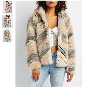 Multicolor chevron hooded faux fur coat